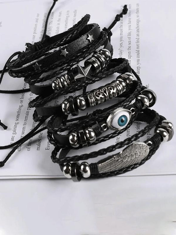 Eyes stars punk leather braided bracelet set