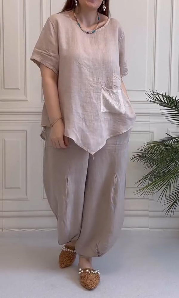 Women's Comfortable Cotton And Linen Top And Pants Two-Piece Set