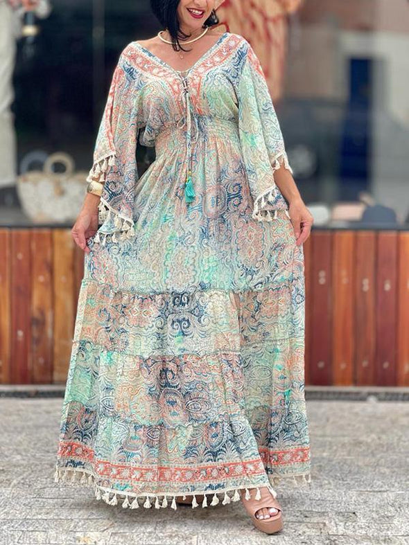 Women's casual holiday bohemian printed fringed A-hem dress