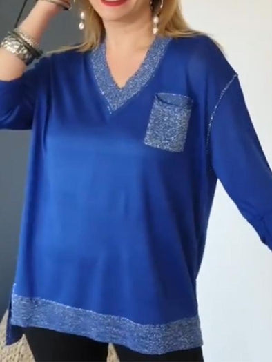 Casual V-neck Sequined Top
