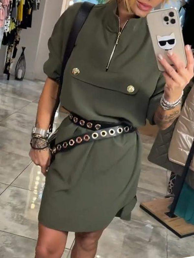 Women's Round Neck Mid-length Sleeve Half-zip Casual Work Dress