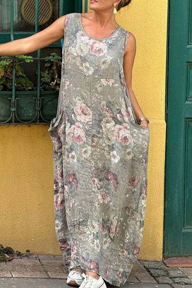 Women's Casual Floral Print Cotton and Linen Dress