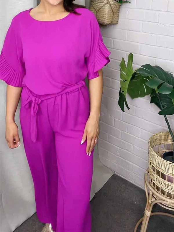 Women's Round-neck Solid Color Trumpet Sleeve Two-piece Suit