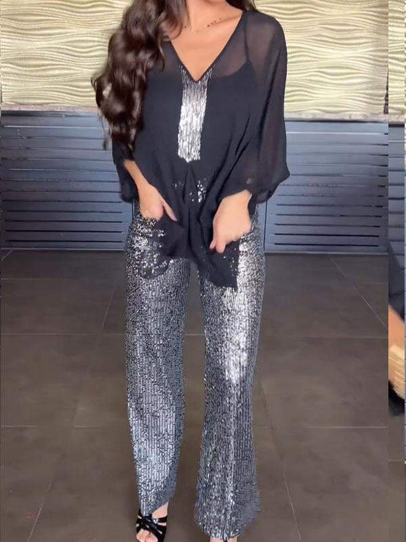 V-neck Sequin Suit Chiffon Top Two-piece Set