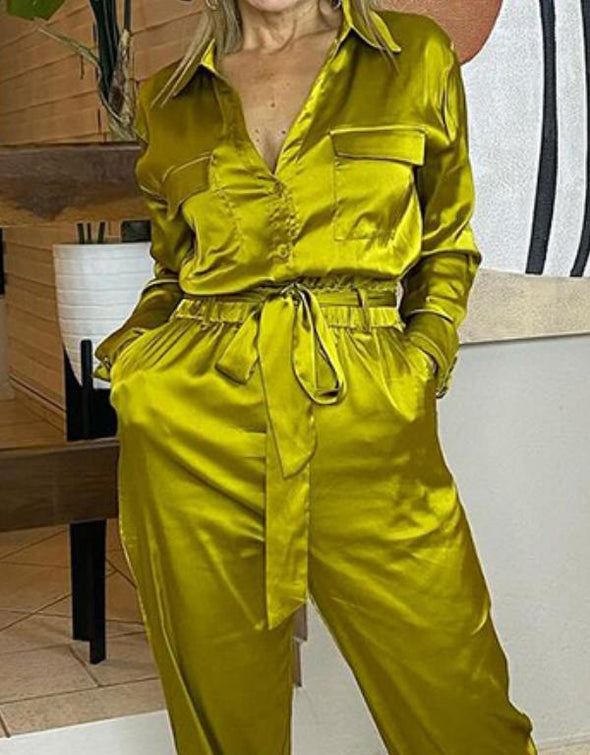 Glossy waist tie jumpsuit