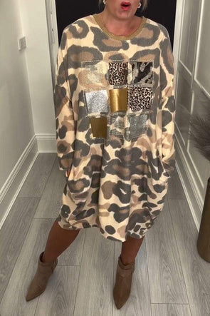 Women's Round Neck Long Sleeve Leopard Print Casual Dress