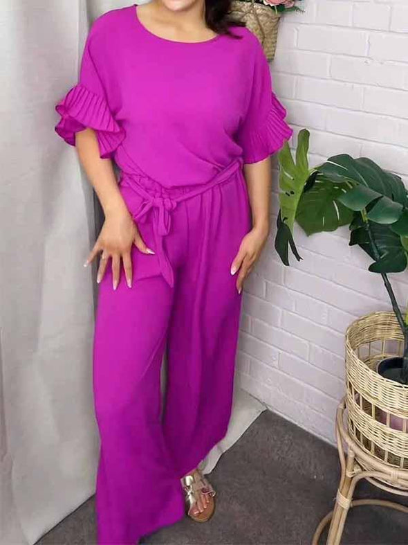 Women's Round-neck Solid Color Trumpet Sleeve Two-piece Suit