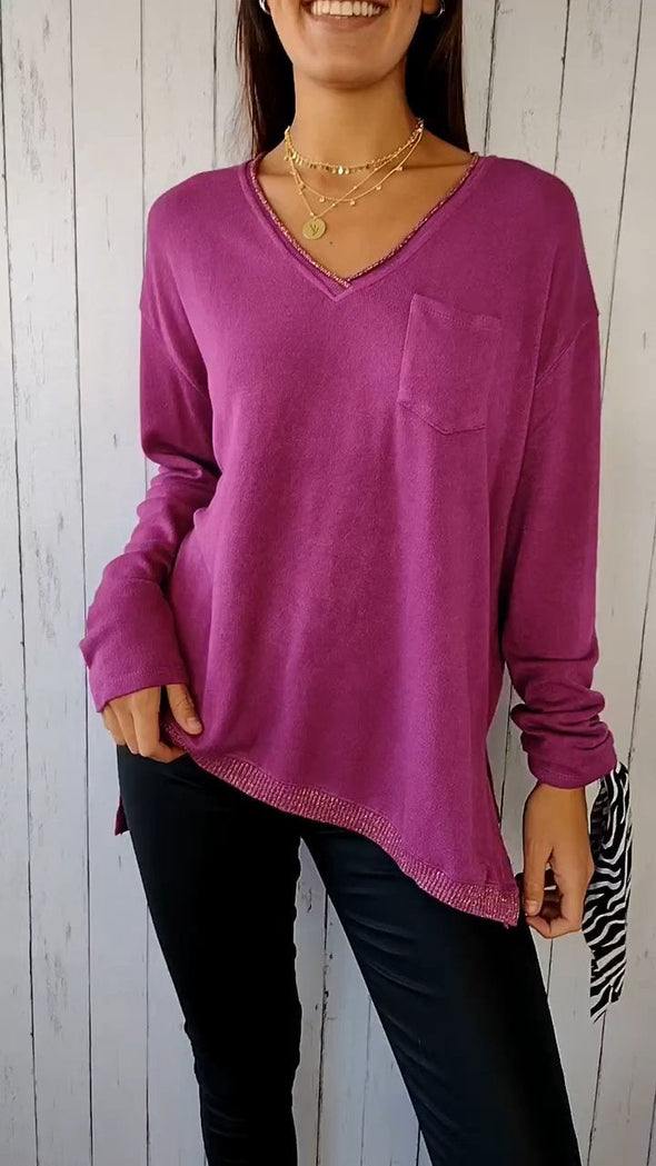 Knitted V-neck Long-sleeved Casual Top