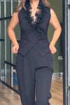 Women's Elegant Neckline Lace Decorated Vest Wide Leg Pants Suit