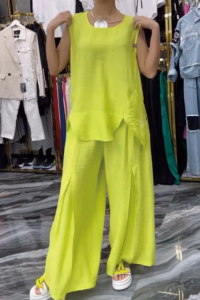 Solid color shaped hem sleeveless top suit