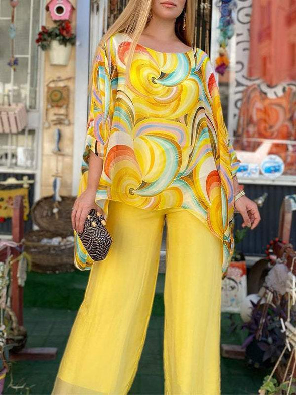 Women Colorful Chiffon Set Summer Casual Crew Neck Printed Two Piece Suit