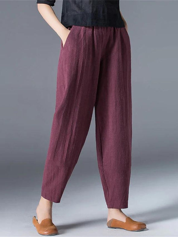 Women's Slacks Baggy Cropped  Ankle-Length Linen Pocket Elastic Mid Waist Pants