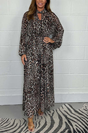 Women's Leopard Puff Sleeve Mesh Belted Maxi Dress