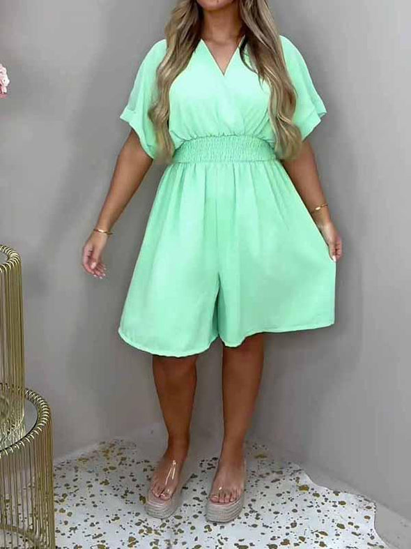 Women's V-neck Solid Color Short-sleeved Jumpsuit