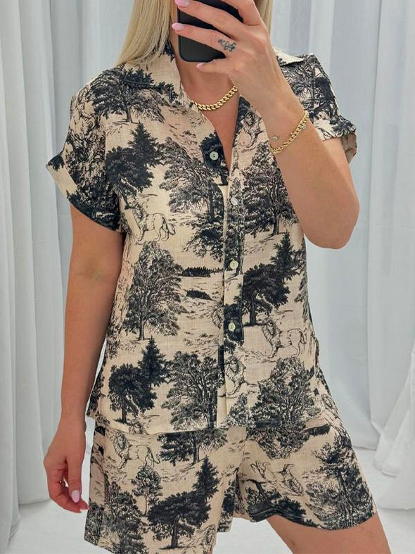 Women's lapel printed short-sleeved casual suit