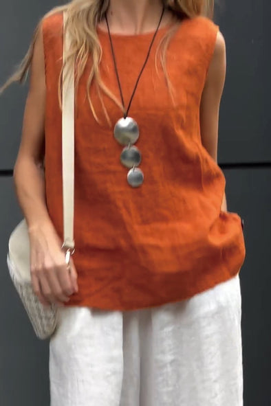Solid color sleeveless cotton and linen vest