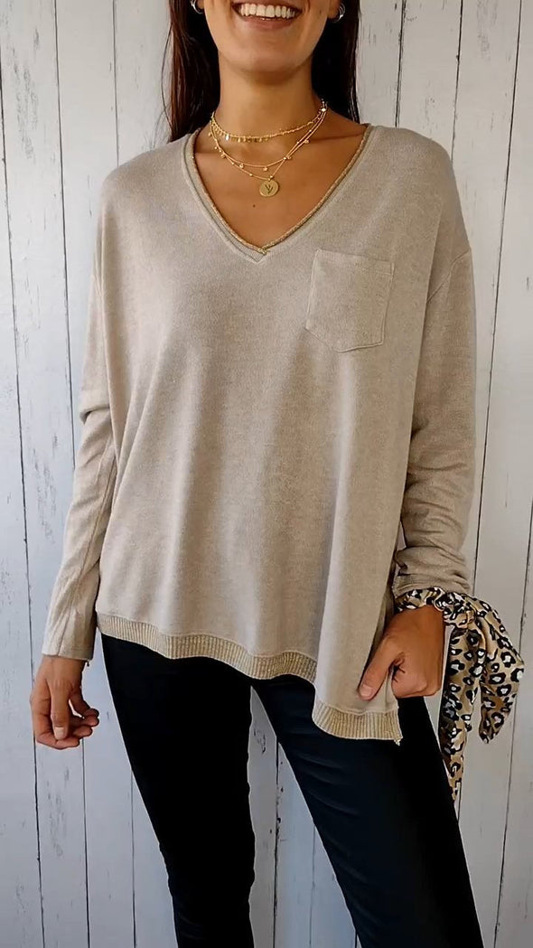 Knitted V-neck Long-sleeved Casual Top
