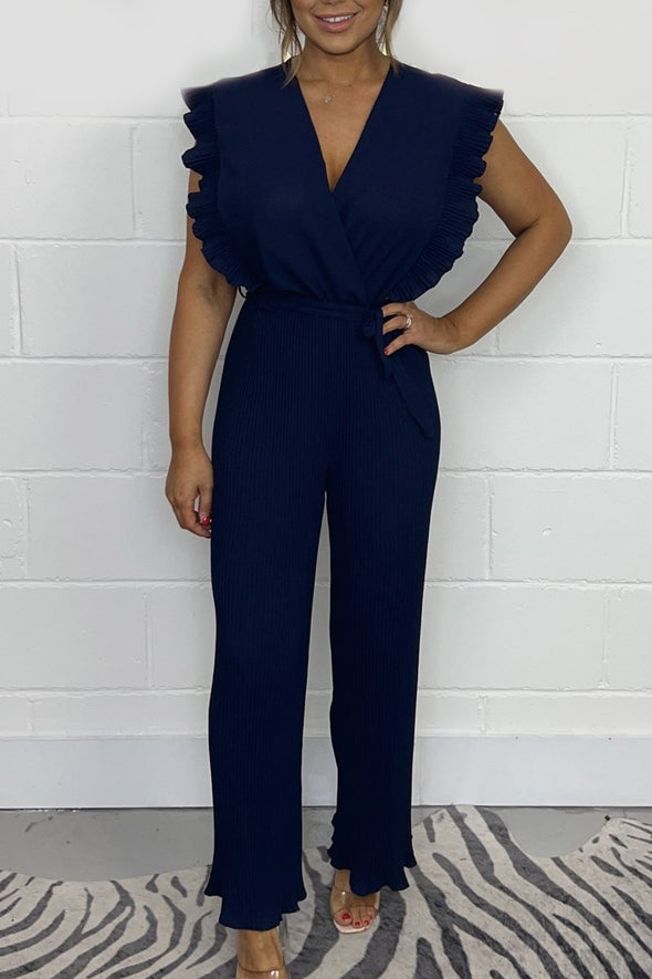 Tie Waist Pleated Leg Jumpsuit