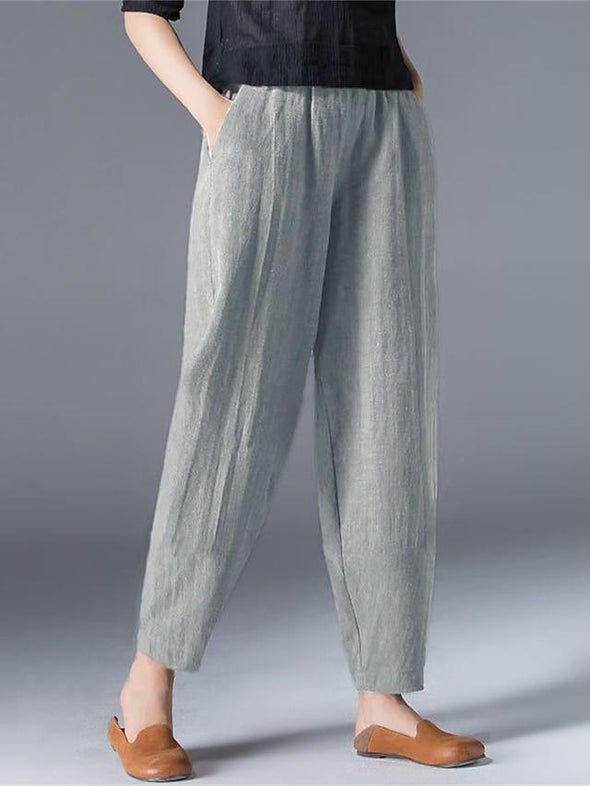 Women's Slacks Baggy Cropped  Ankle-Length Linen Pocket Elastic Mid Waist Pants