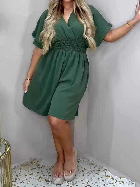 Women's V-neck Solid Color Short-sleeved Jumpsuit