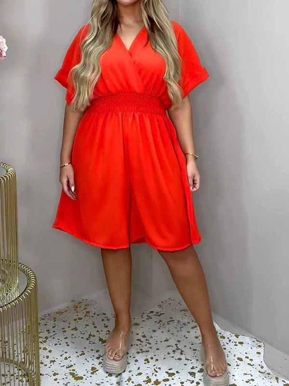 Women's V-neck Solid Color Short-sleeved Jumpsuit