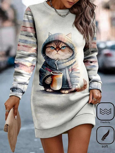 Women Cat Crew Neck Long Sleeve Comfy Casual Midi Sweashirt Dress