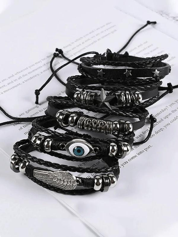 Eyes stars punk leather braided bracelet set