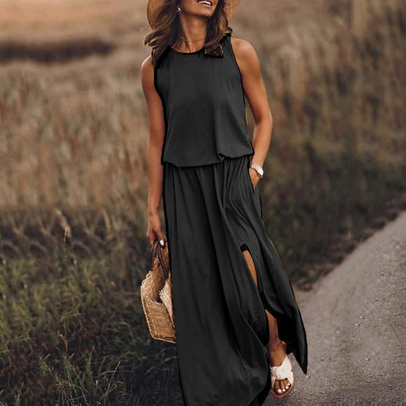 Women Vintage Boho Sleeveless Round Neck Solid Maxi Weaving Dress