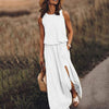 Women Vintage Boho Sleeveless Round Neck Solid Maxi Weaving Dress