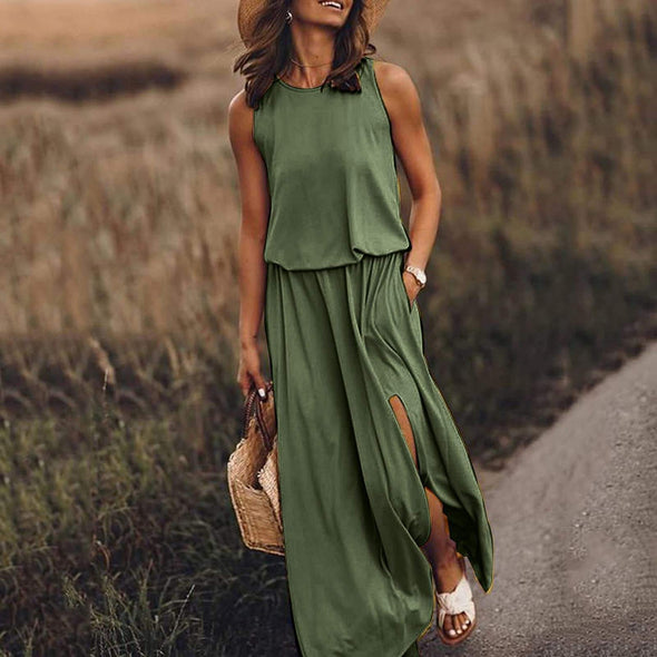 Women Vintage Boho Sleeveless Round Neck Solid Maxi Weaving Dress