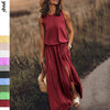 Women Vintage Boho Sleeveless Round Neck Solid Maxi Weaving Dress