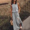 Women Vintage Boho Sleeveless Round Neck Solid Maxi Weaving Dress