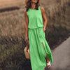 Women Vintage Boho Sleeveless Round Neck Solid Maxi Weaving Dress